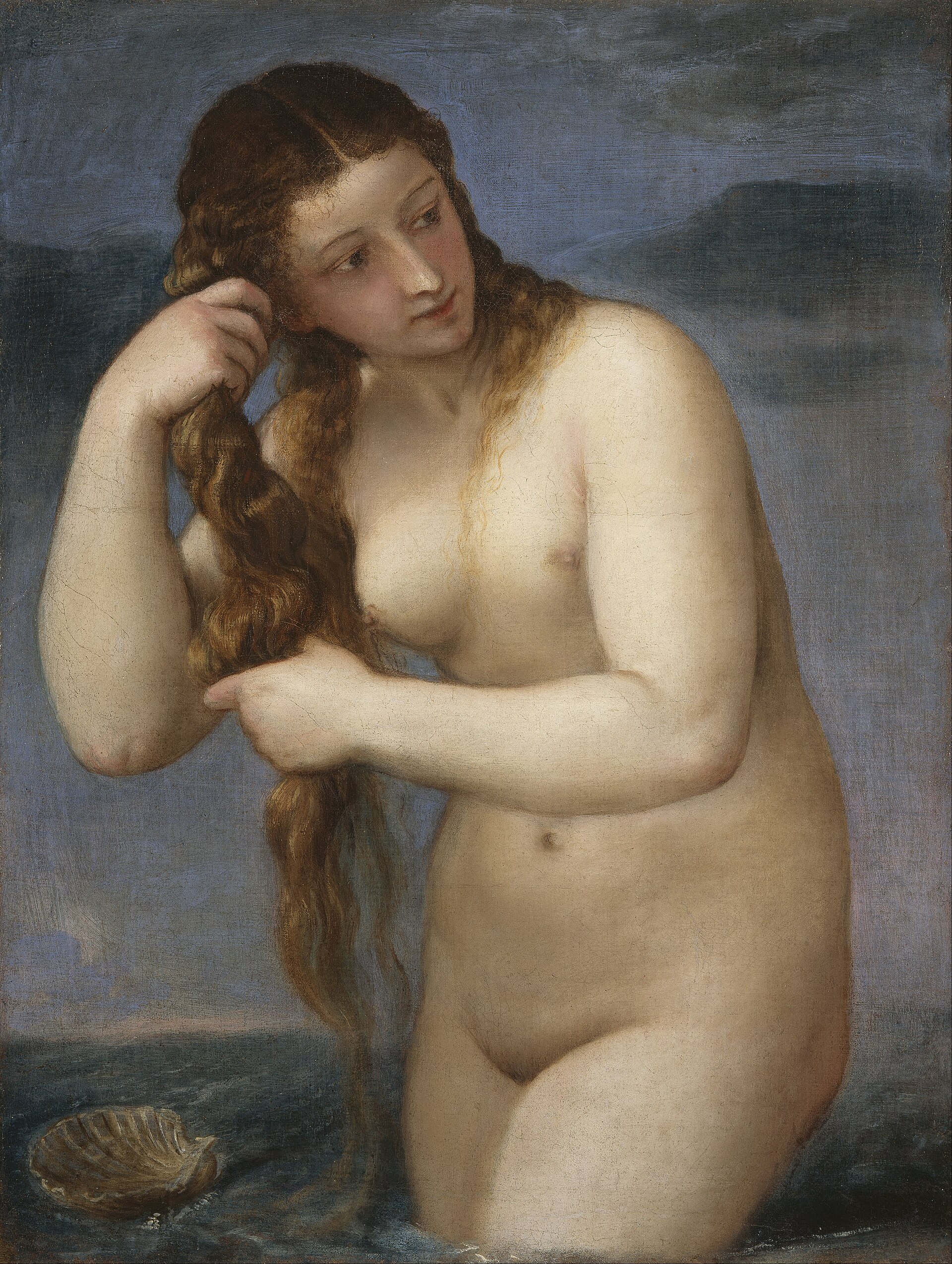 A nude Aphrodite risen waist-deep from a grey-blue sea, wringing the water from the long rope of her hair as she looks aside, a scallop shell adrift on the swell beside her.
