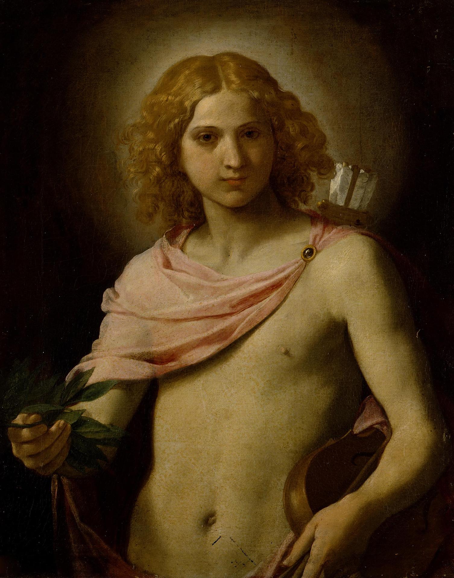 The young Apollo, unbearded and golden-curled, a soft halo of light behind his head, a rose mantle slipping from one shoulder. He holds a laurel branch in his right hand; a lyre rests at his left side and the white-fletched arrows of his quiver show above his shoulder.