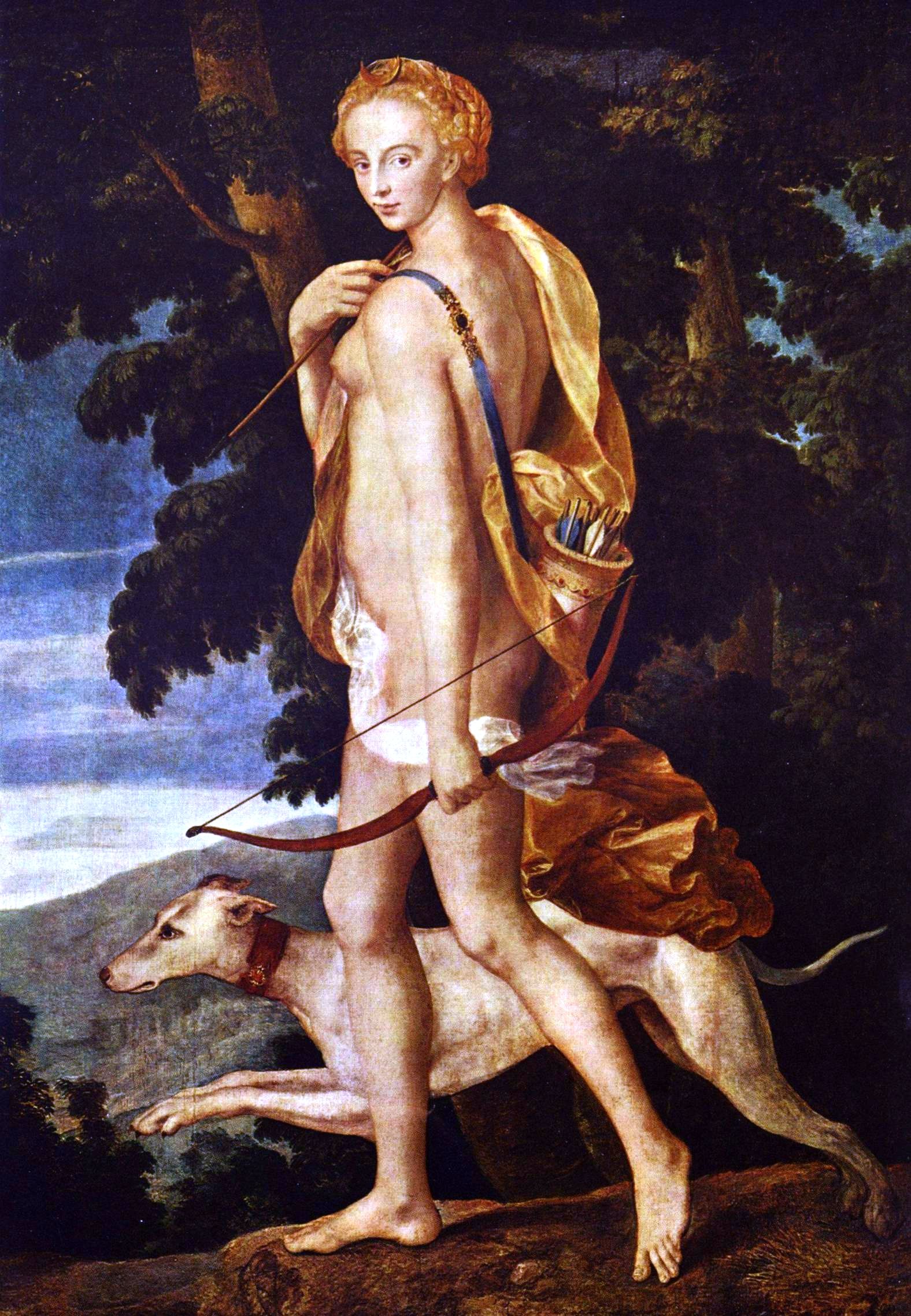 Diana the huntress striding through a dark wood, a gold mantle slipping from her shoulders, reaching back to draw a white-fletched arrow from the quiver at her side while a red recurve bow hangs in her lowered hand. A lean white hound courses at her feet, and a lake glimmers through the trees behind her.