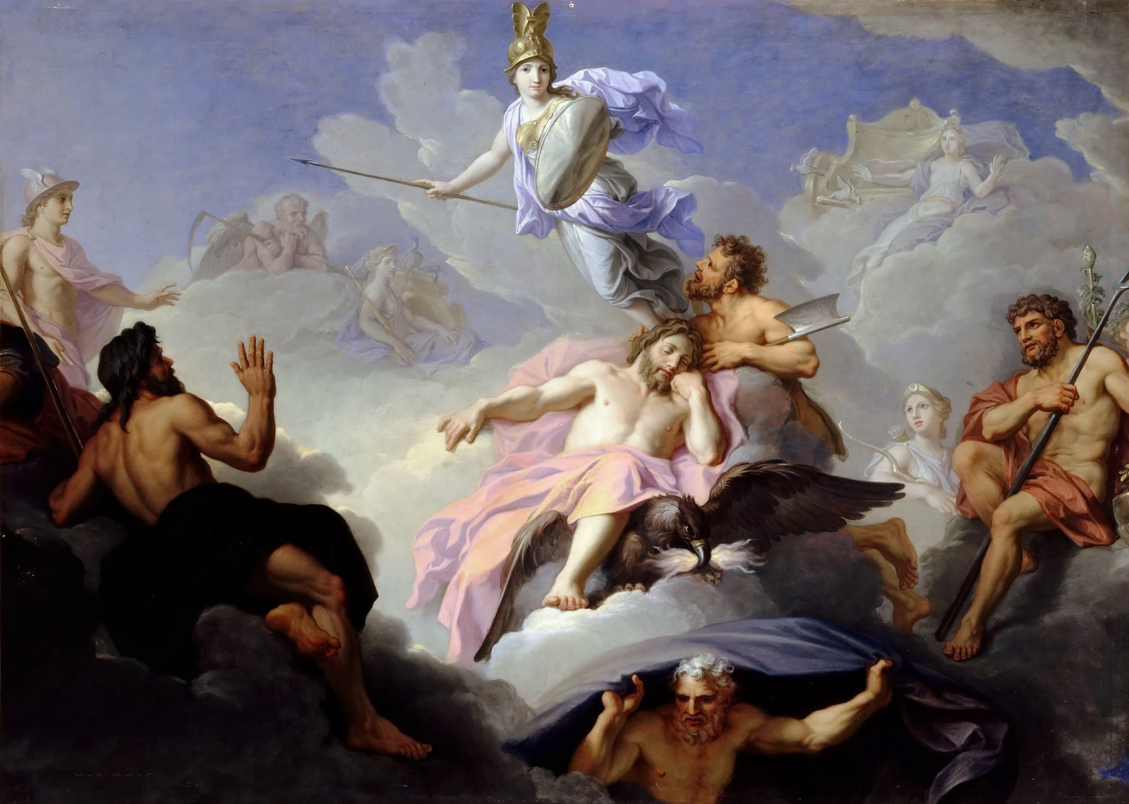 The birth of Minerva. High on the clouds of Olympus the newborn goddess strides out full-grown in a golden plumed helmet, a levelled spear in one hand and a round shield at the other, her violet and grey mantle streaming behind her. Below reclines Jupiter in rose drapery with his eagle at his feet; at his side a muscular bearded god raises the double axe that has just split the god's skull, while Mercury, a trident-bearing Neptune and other Olympians look on from the surrounding clouds.