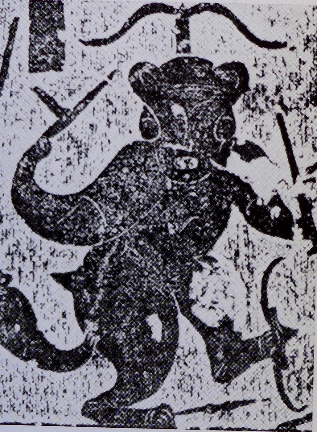 Ink rubbing of a Han-dynasty stone relief depicting the storm-monster Chiyou as a fierce armed warrior: a horned, crested hybrid figure striding frontally, a dagger-axe raised overhead in one hand and a crossbow held out in the other, a shield across his chest and weapons bristling around him, against the mottled ink ground of the rubbing.