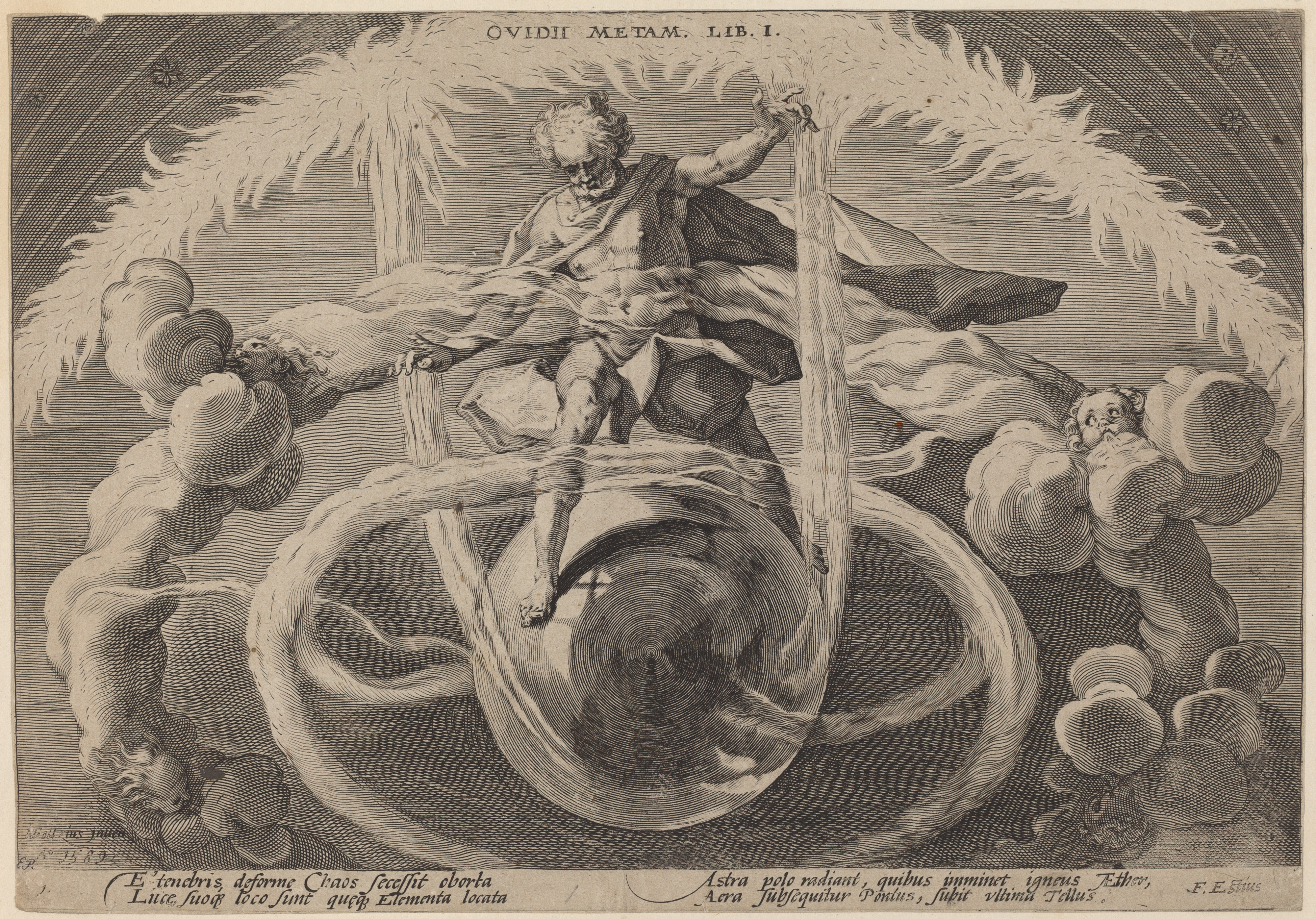 A luminous creator-figure sits enthroned at the centre of the newborn cosmos, arms outspread to draw the concentric spheres of the world out of formless Chaos, while personified winds and elements billow in the four corners — an engraved frontispiece to Ovid's Metamorphoses Book I