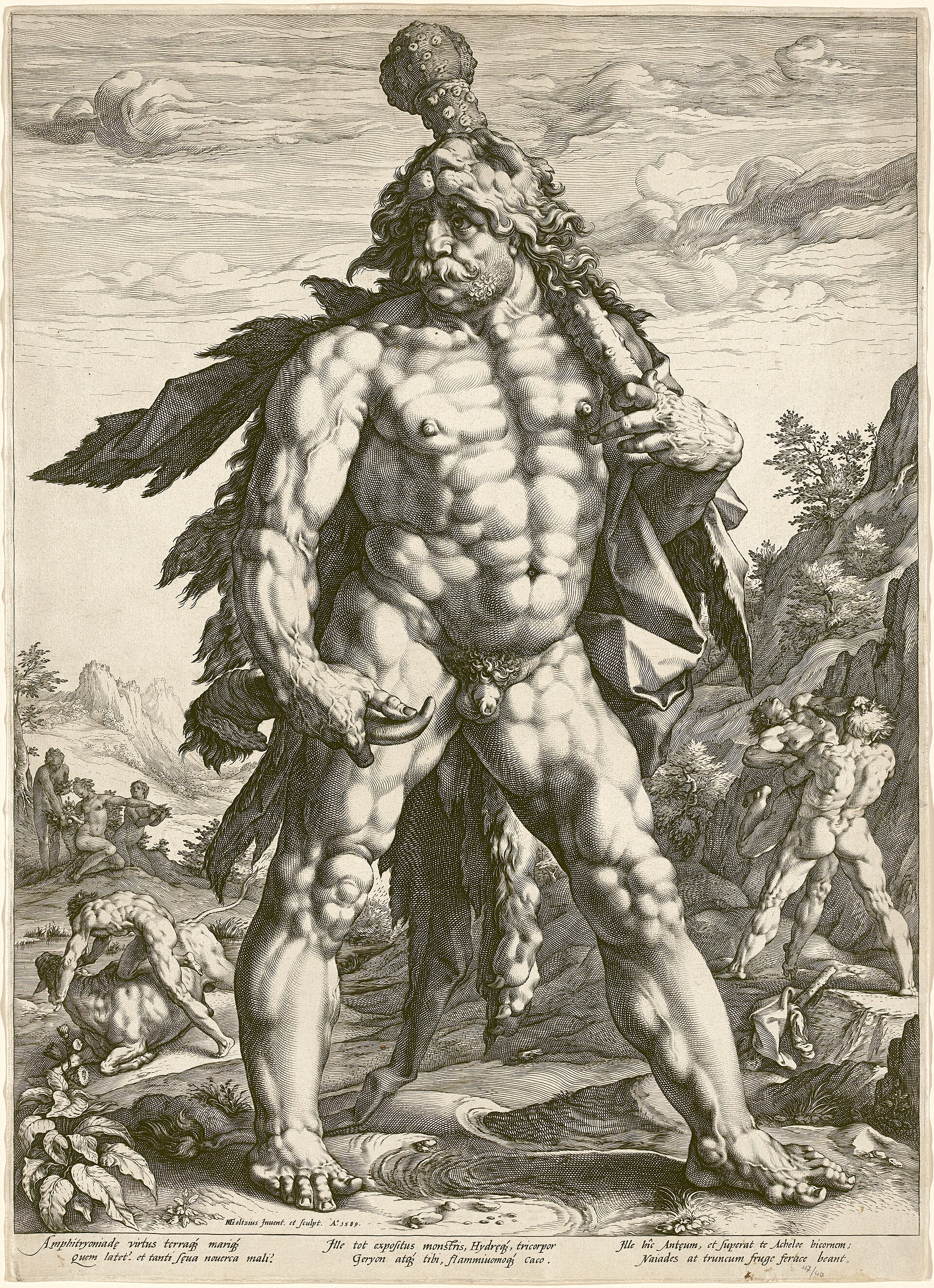 An engraving of a colossal, heavily muscled Hercules standing frontally, the Nemean lion-skin worn as a hood over his head and draped down his left side, the knotted olive-wood club resting over his right shoulder; small background vignettes show his combats with Antaeus, Cacus and Achelous in a classical landscape.