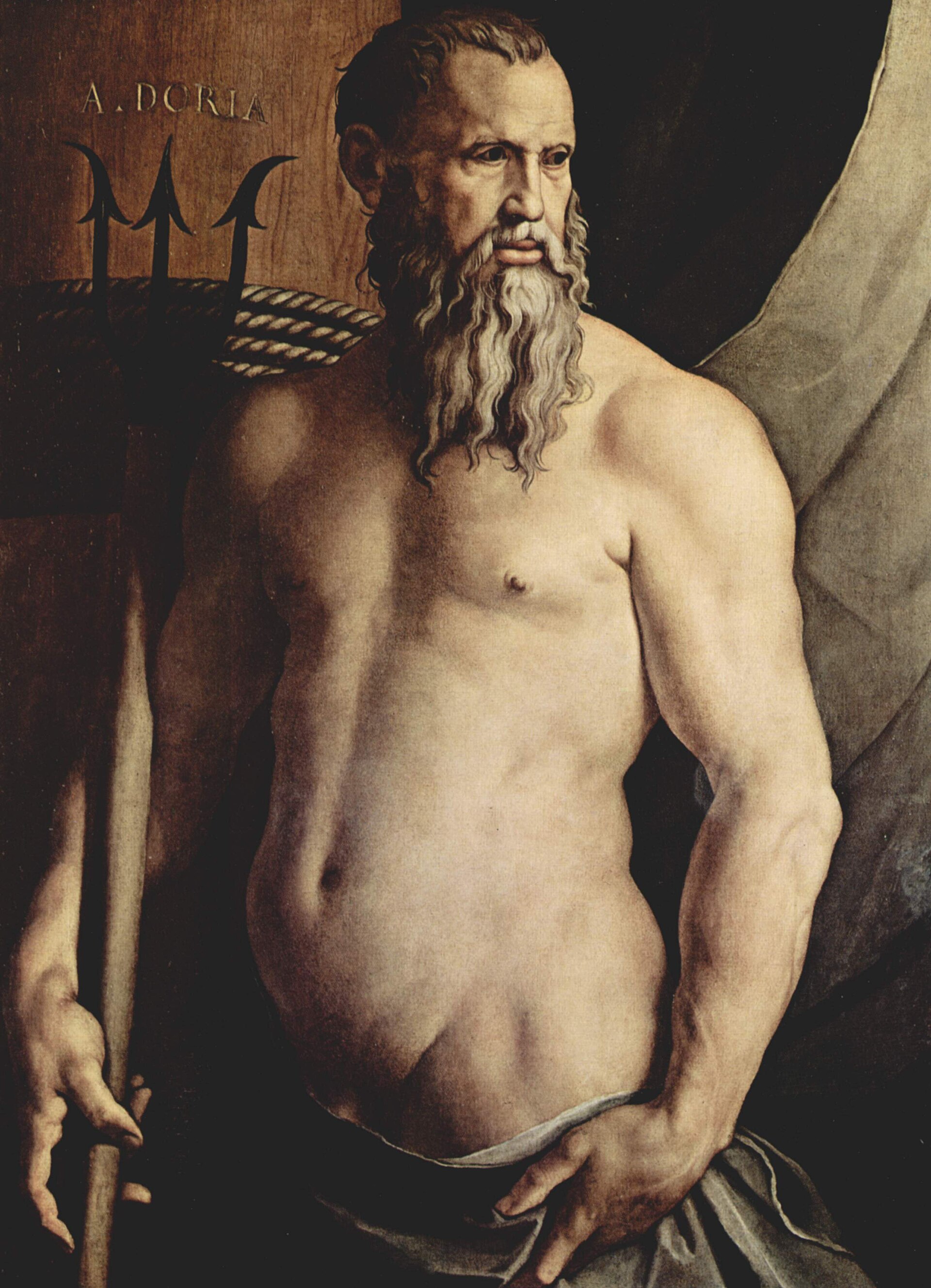 A grey-bearded, muscular sea-god shown half-length and nude to the waist, a grey-green drape at his hips, gripping a three-pronged trident in his right hand. Behind his shoulder a ship's spar wound with rope and a carved trident emblem sit against a dark wooden ground, with the incised inscription "A·DORIA" at upper left.