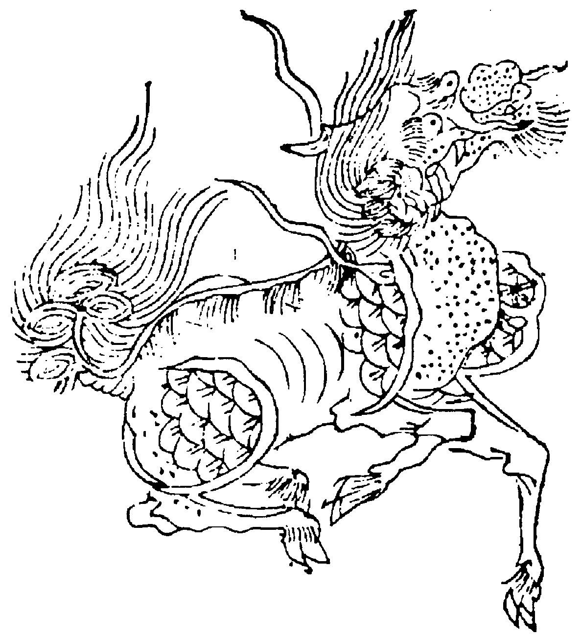 A single one-horned qilin in a Ming woodblock line print, prancing in profile with a scaled body, cloven hooves, a flame-like mane and a bushy upswept tail, its horned head raised.