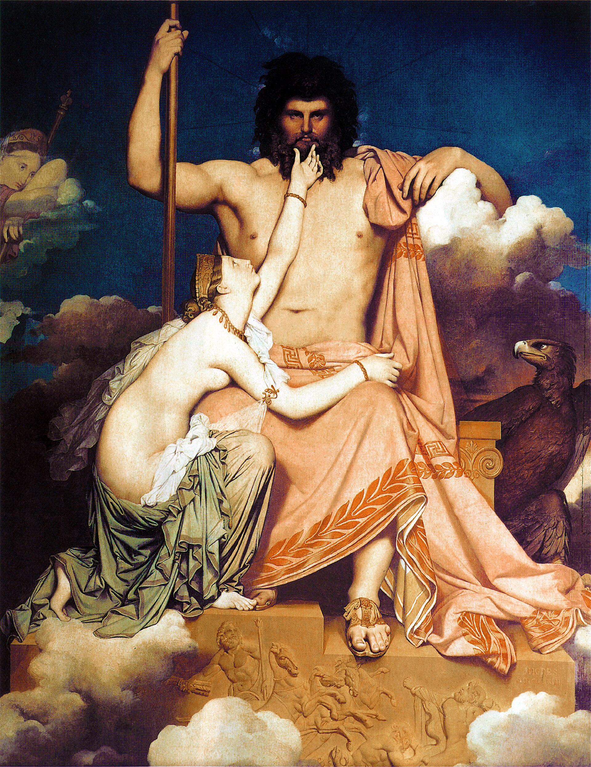 Zeus enthroned among the clouds, sceptre in hand and his eagle beside him, as the sea-nymph Thetis kneels in supplication at his knee